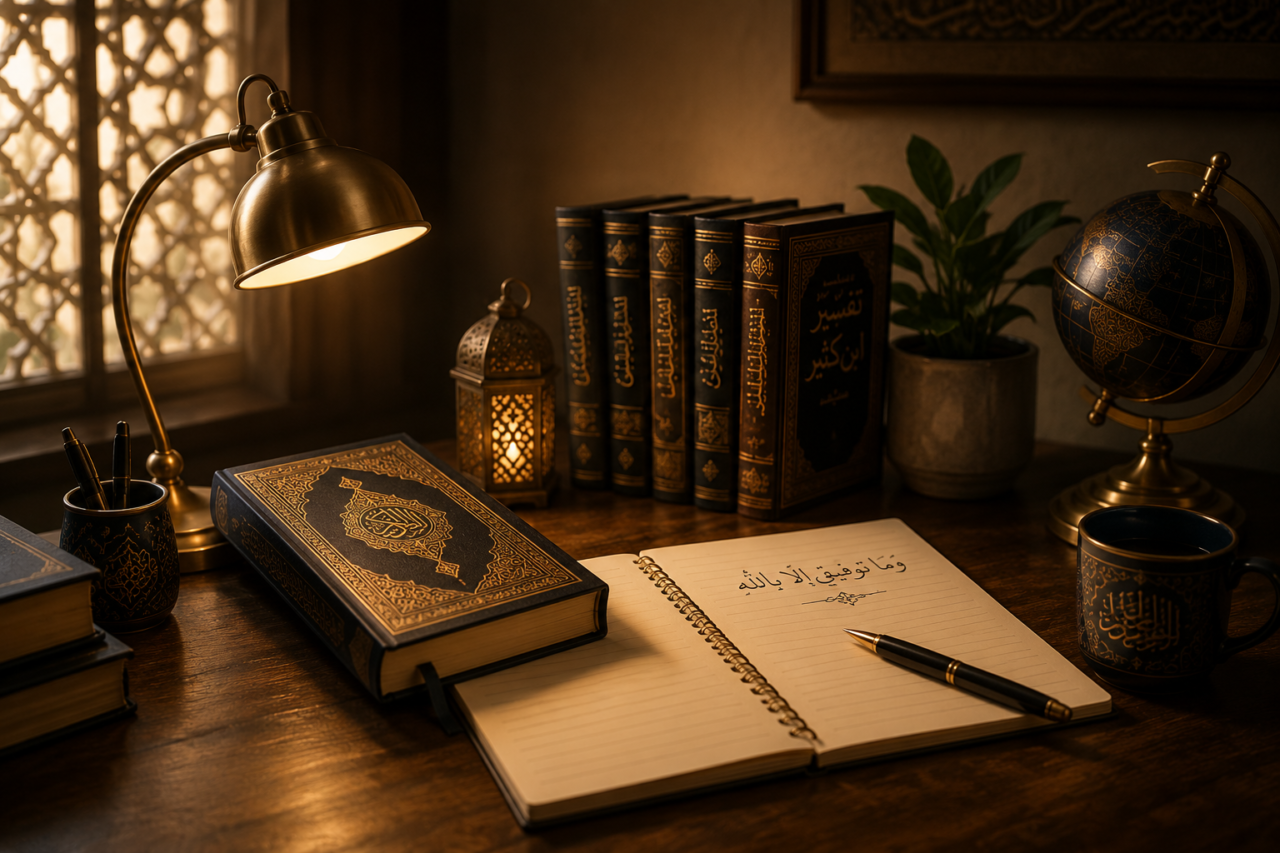 Warm Islamic study with Quran, books, journal, and lantern on a wooden desk