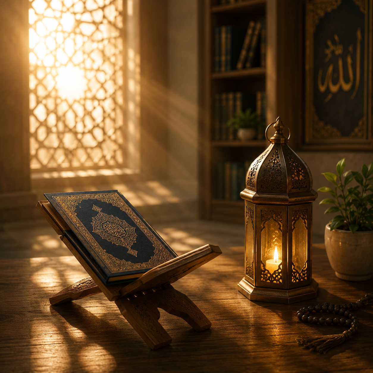 Open Quran and lantern in a peaceful Islamic setting representing faith and reflection